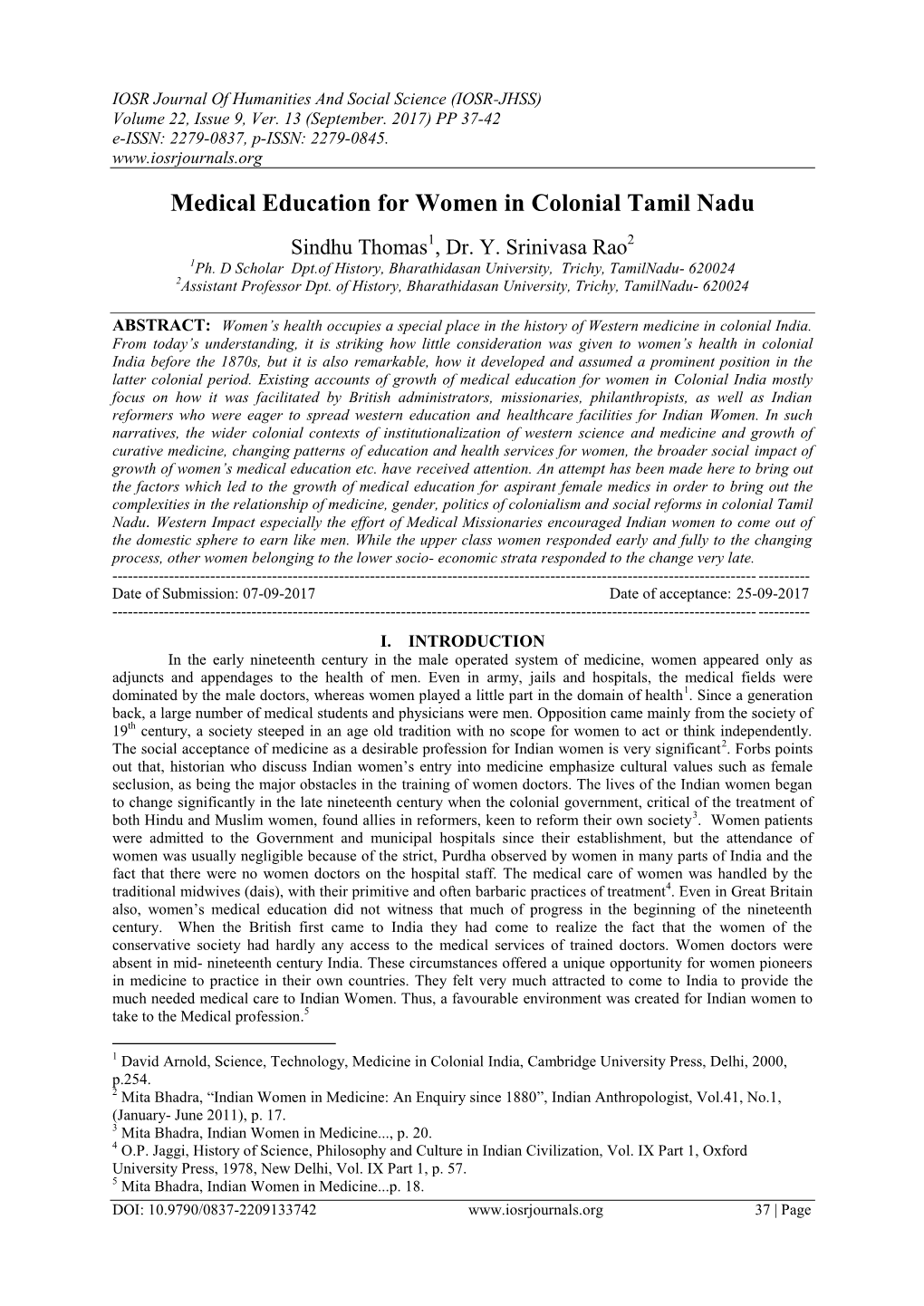 Medical Education for Women in Colonial Tamil Nadu