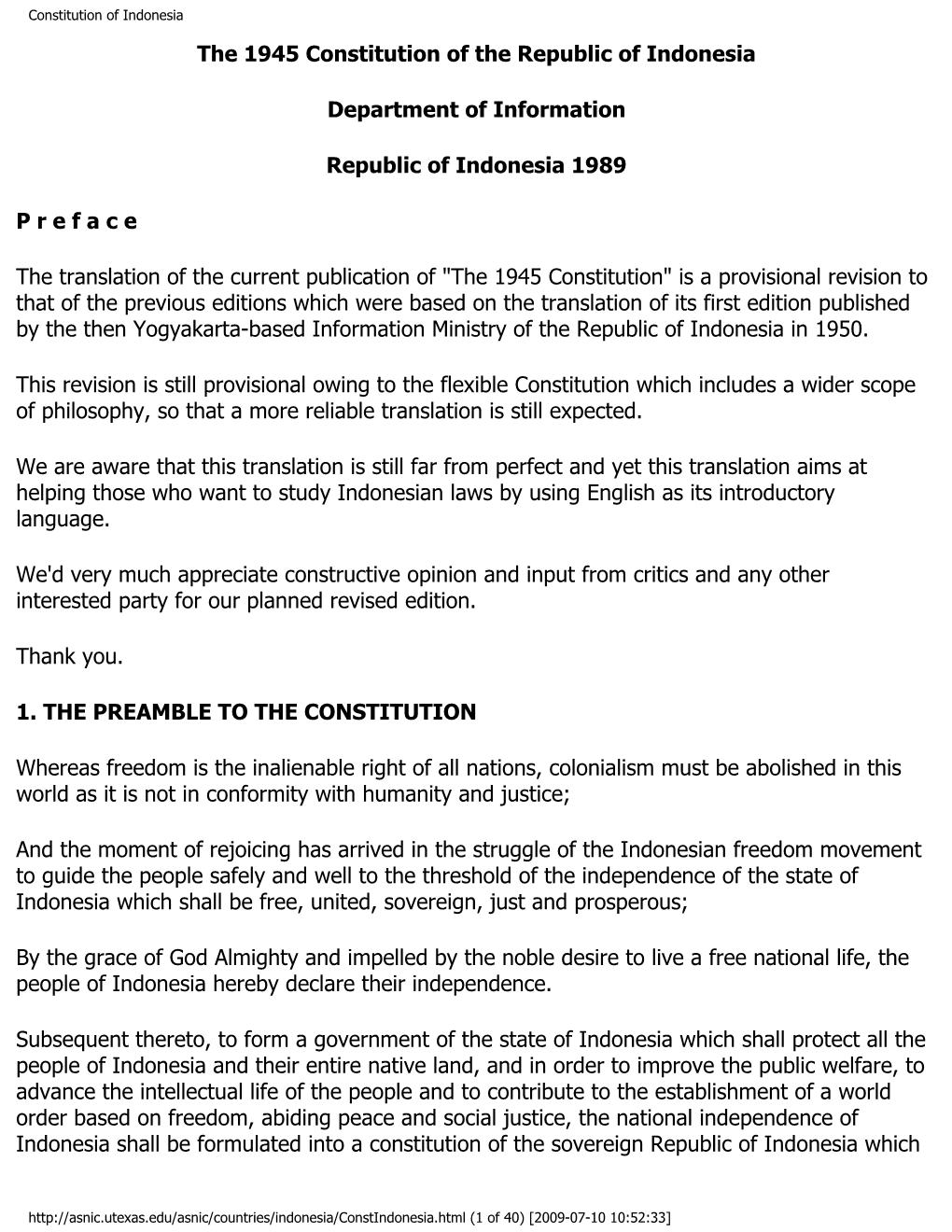 Constitution of Indonesia the 1945 Constitution of the Republic of Indonesia