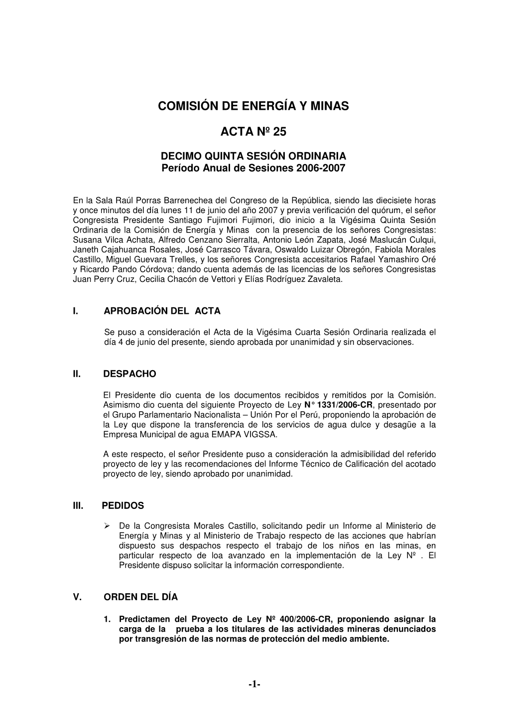 Comisión De Energía Y Minas Acta Nº 25