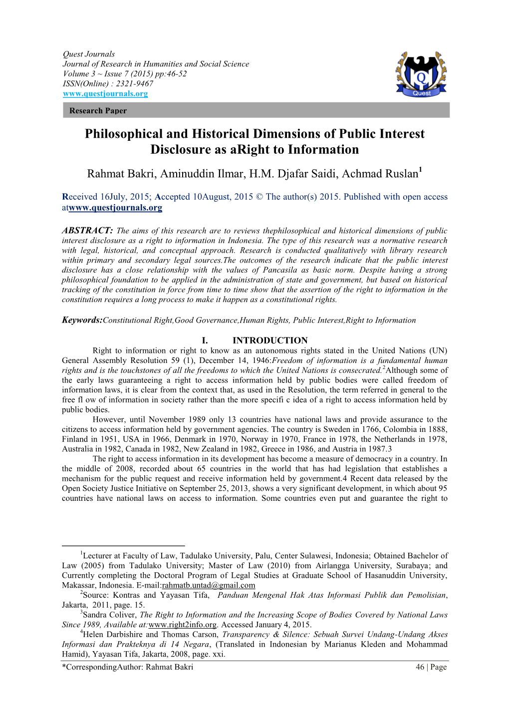 Philosophical and Historical Dimensions of Public Interest Disclosure As Aright to Information