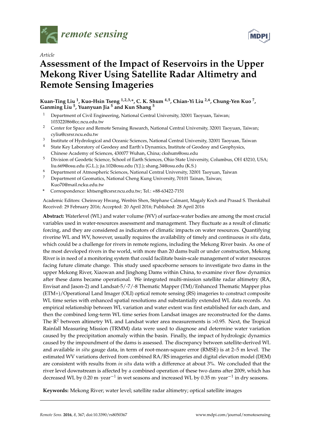 Assessment of the Impact of Reservoirs in the Upper Mekong River Using Satellite Radar Altimetry and Remote Sensing Imageries