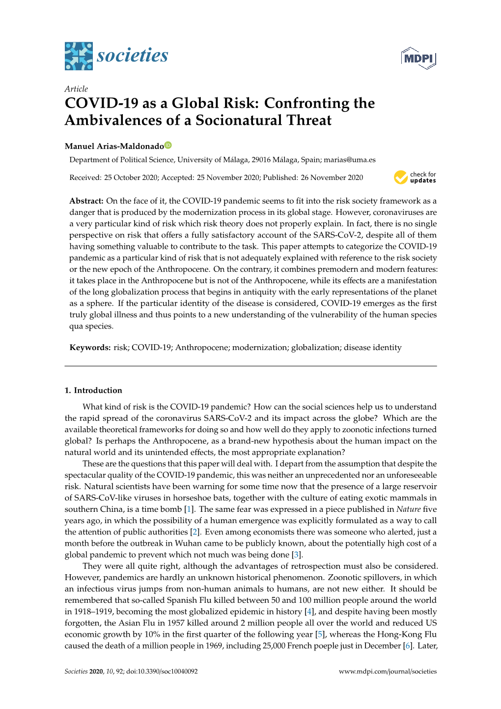 COVID-19 As a Global Risk: Confronting the Ambivalences of a Socionatural Threat
