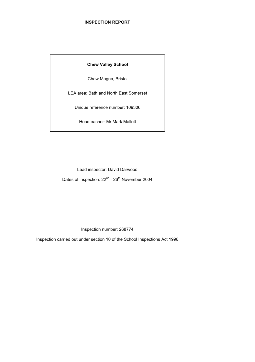 INSPECTION REPORT Chew Valley School Chew Magna, Bristol LEA