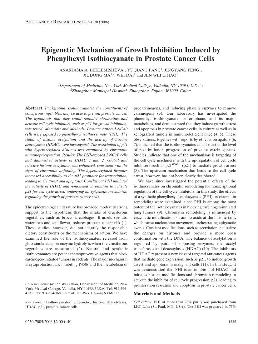 Epigenetic Mechanism of Growth Inhibition Induced by Phenylhexyl Isothiocyanate in Prostate Cancer Cells