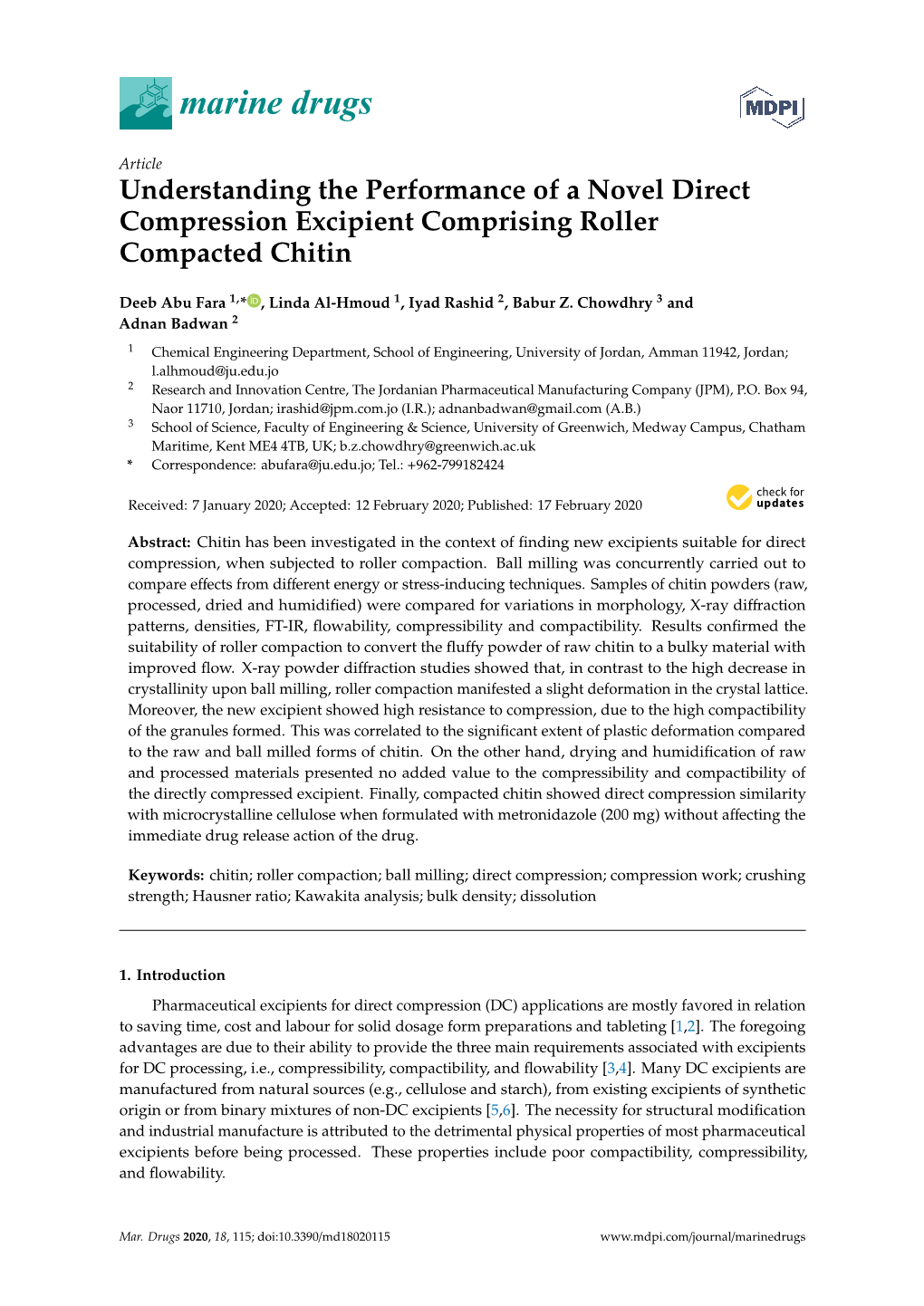 Understanding the Performance of a Novel Direct Compression Excipient Comprising Roller Compacted Chitin