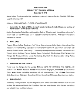 MINUTES of the FERNLEY CITY COUNCIL MEETING December 5, 2012