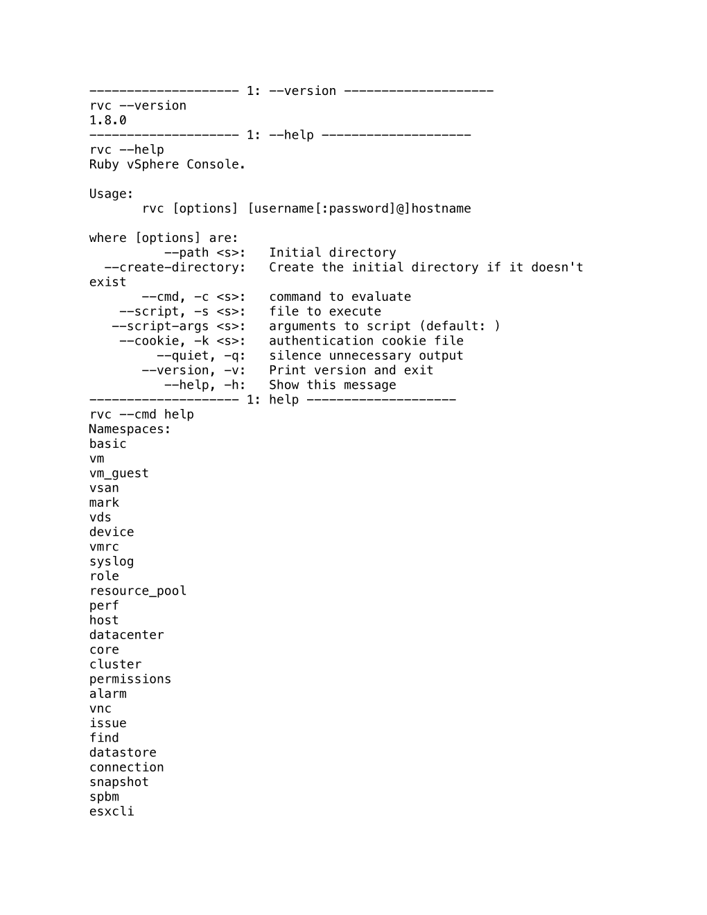 Rvc --Version 1.8.0 ------1: --Help ------Rvc --Help Ruby Vsphere Console