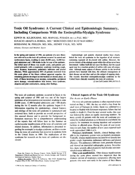 Toxic Oil Syndrome : a Current Clinical and Epidemiologic Summary, Including Comparisons with the Eosinophilia-Myalgia Syndrome