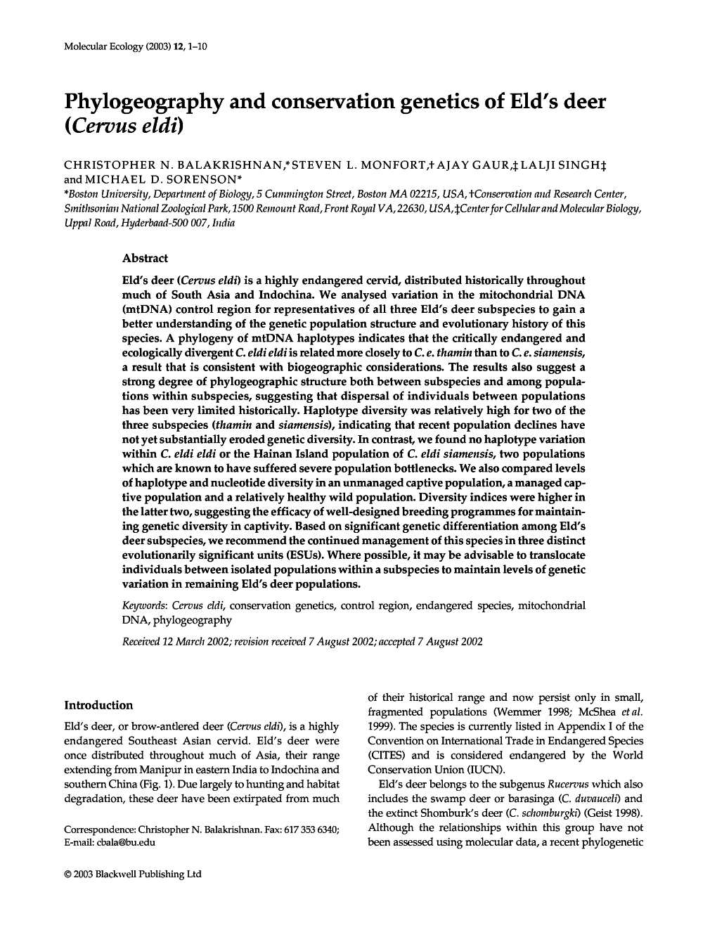 Phylogeography and Conservation Genetics of Eld's Deer (Cervus Eldi)