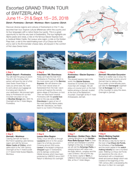 Escorted GRAND TRAIN TOUR of SWITZERLAND June 11 – 21 & Sept