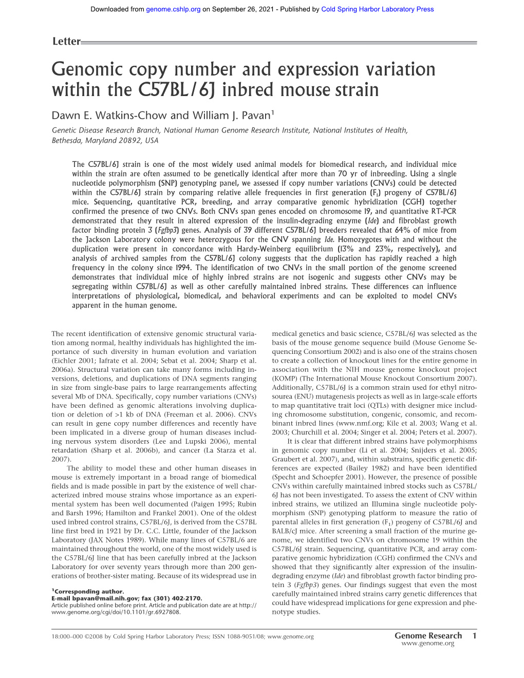 Genomic Copy Number and Expression Variation Within the C57BL/6J Inbred Mouse Strain
