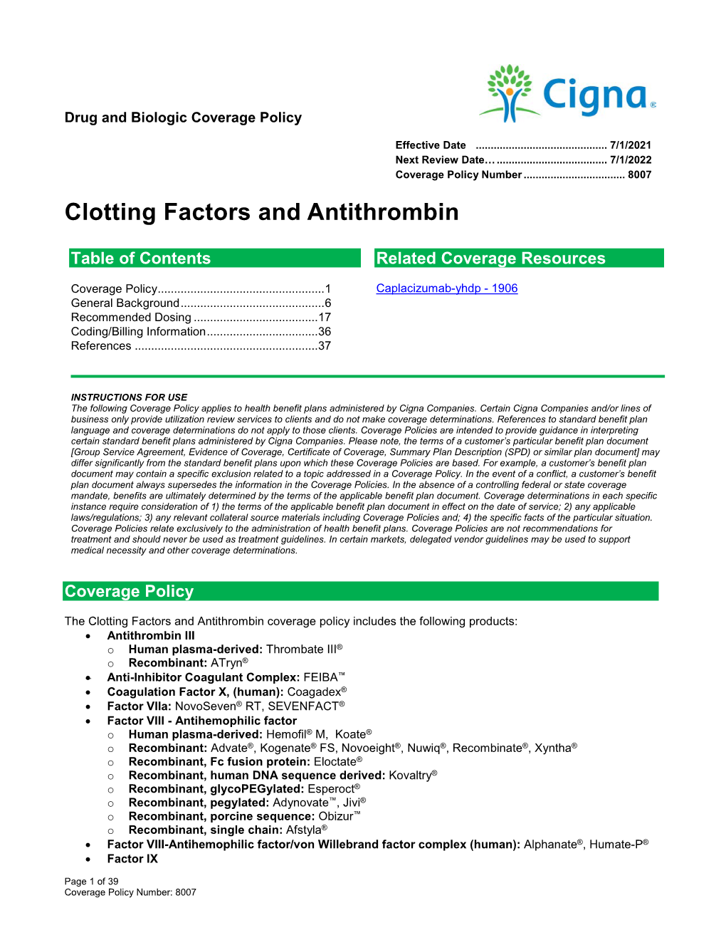 Clotting Factors and Antithrombin