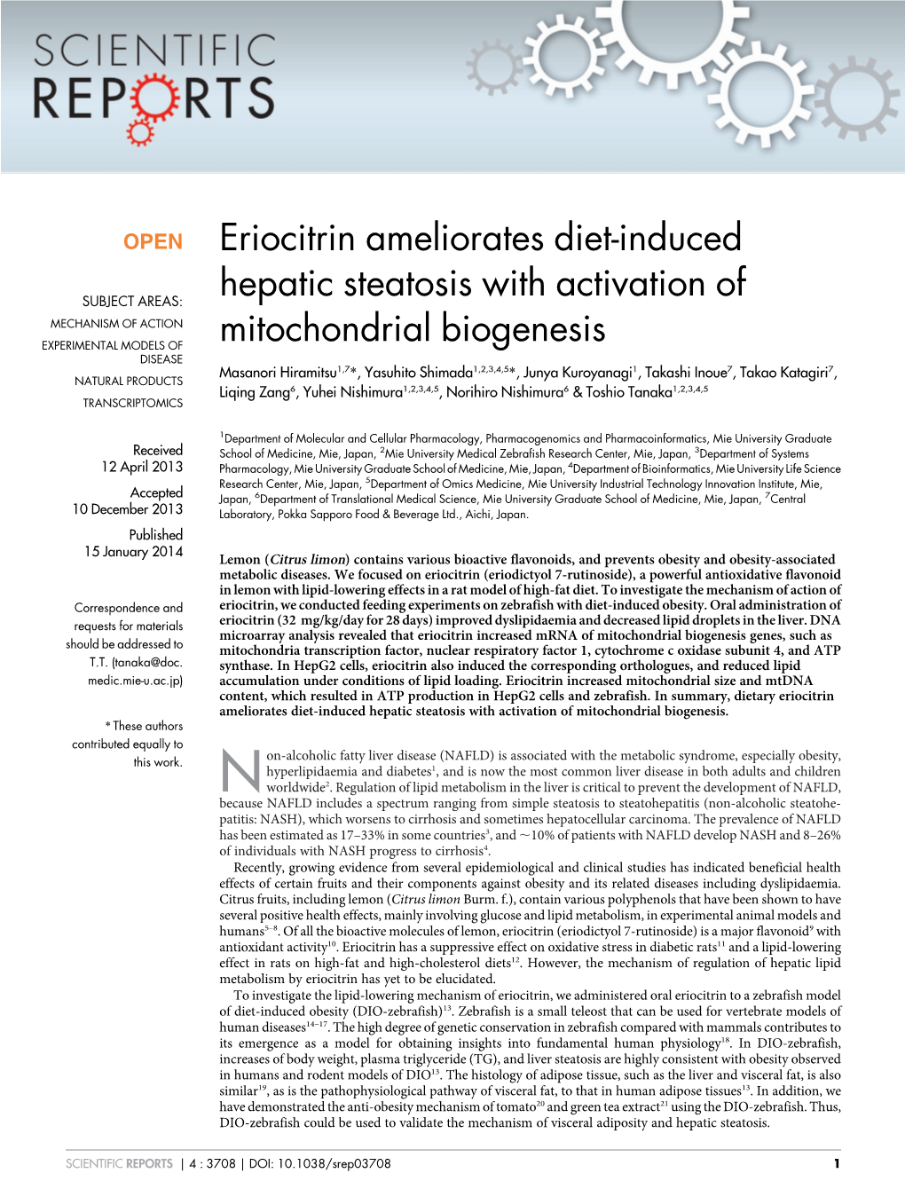 Eriocitrin Ameliorates Diet-Induced Hepatic Steatosis with Activation of Mitochondrial Biogenesis