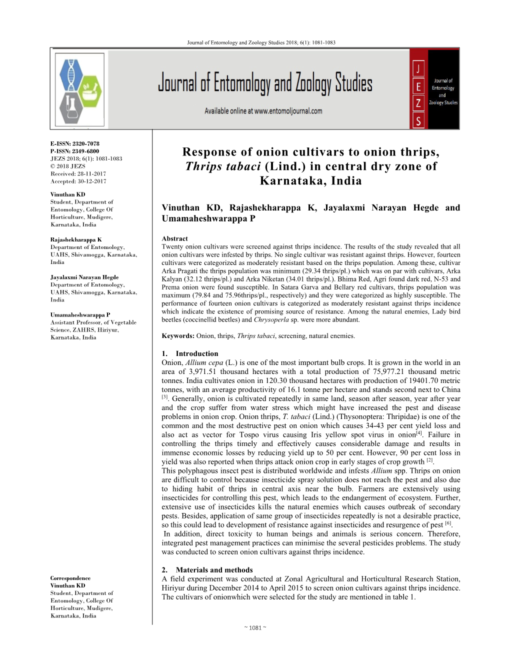 Response of Onion Cultivars to Onion Thrips, Thrips Tabaci