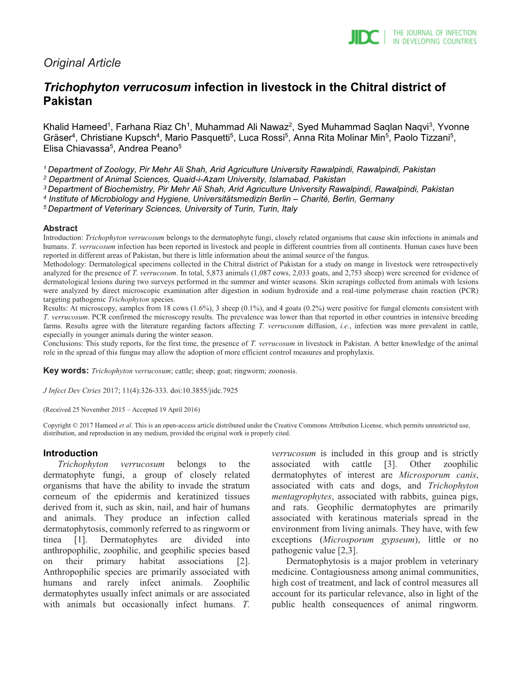 Trichophyton Verrucosum Infection in Livestock in the Chitral District of Pakistan