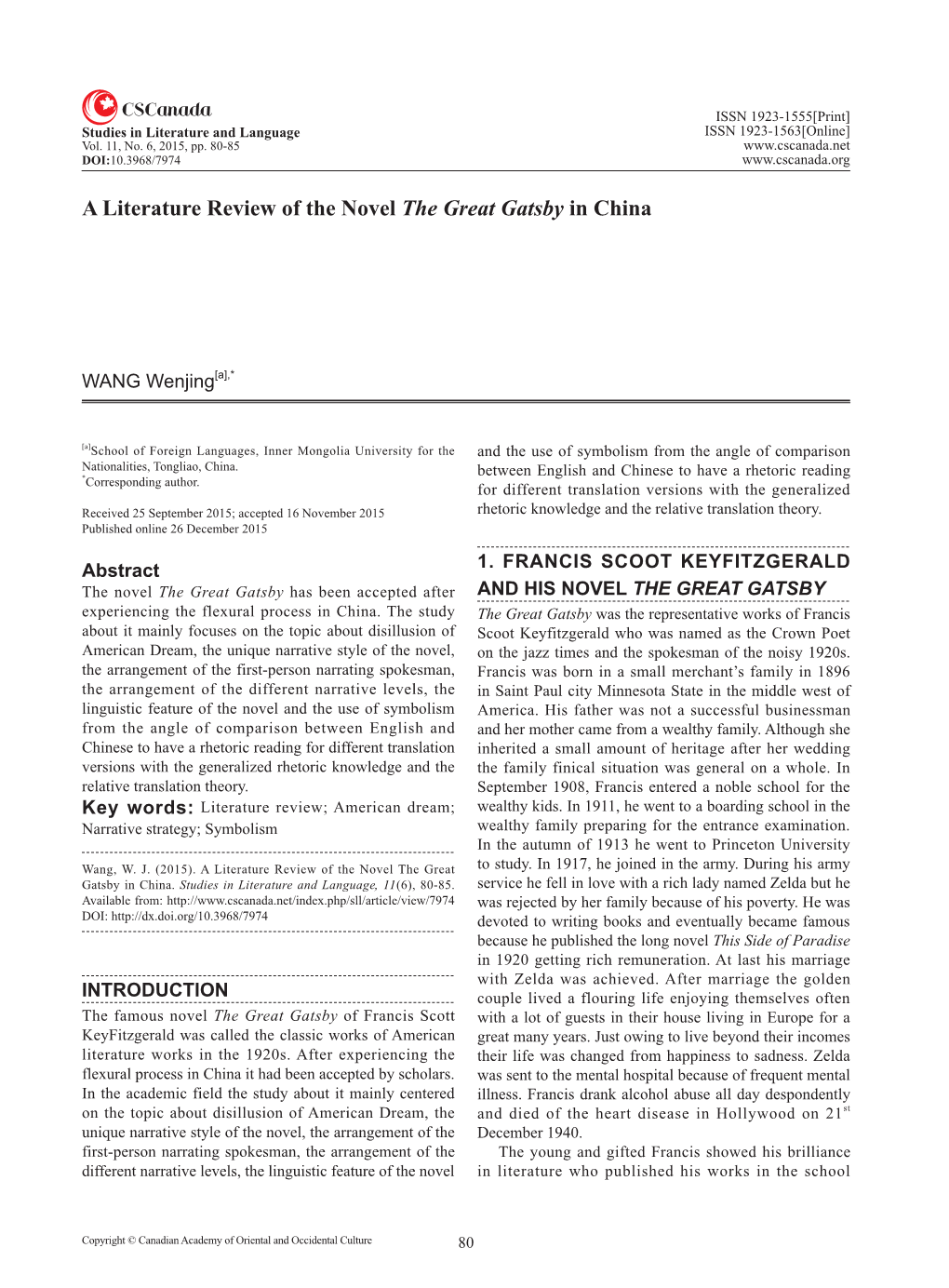 A Literature Review of the Novel the Great Gatsby in China