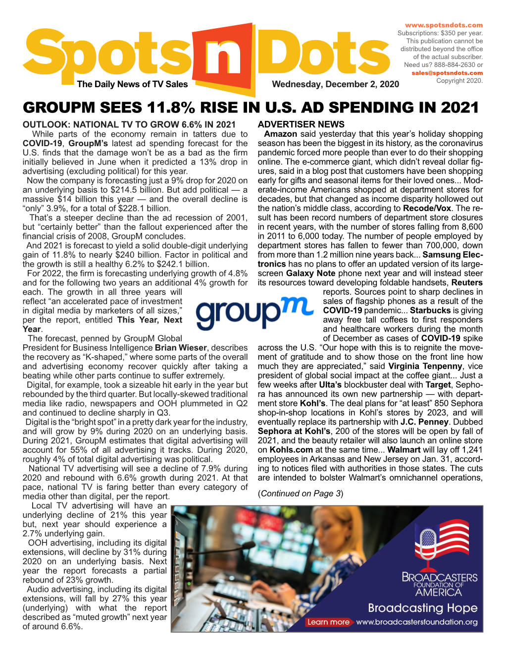 Groupm Sees 11.8% Rise in U.S. Ad Spending in 2021