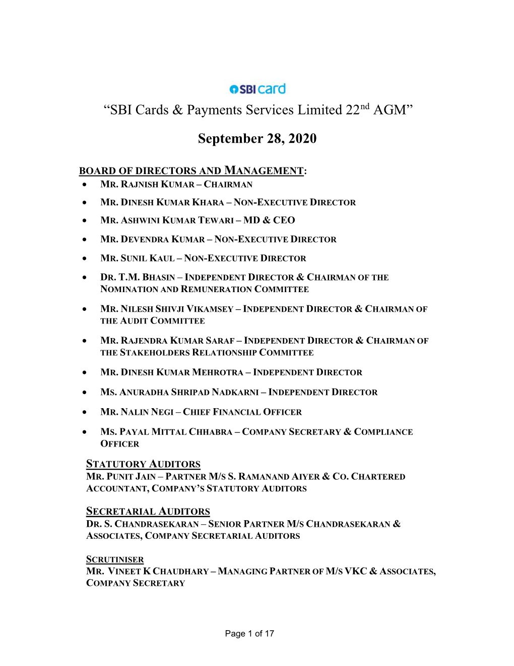 “SBI Cards & Payments Services Limited 22Nd AGM” September 28, 2020