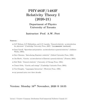 PHY483F/1483F Relativity Theory I (2020-21) Department of Physics University of Toronto