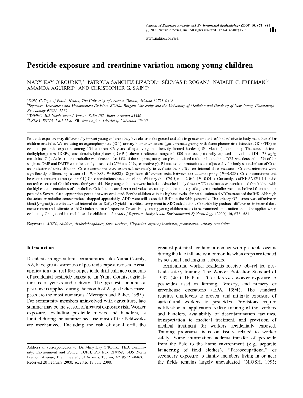 Pesticide Exposure and Creatinine Variation Among Young Children