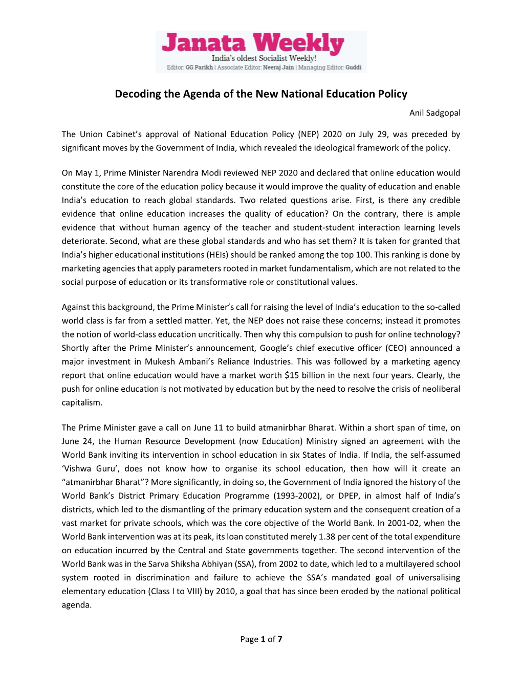 Decoding the Agenda of the New National Education Policy Anil Sadgopal