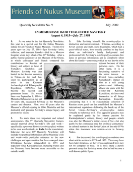 Quarterly Newsletter No. 9 July, 2009 in MEMORIAM: IGOR VITALIEVICH