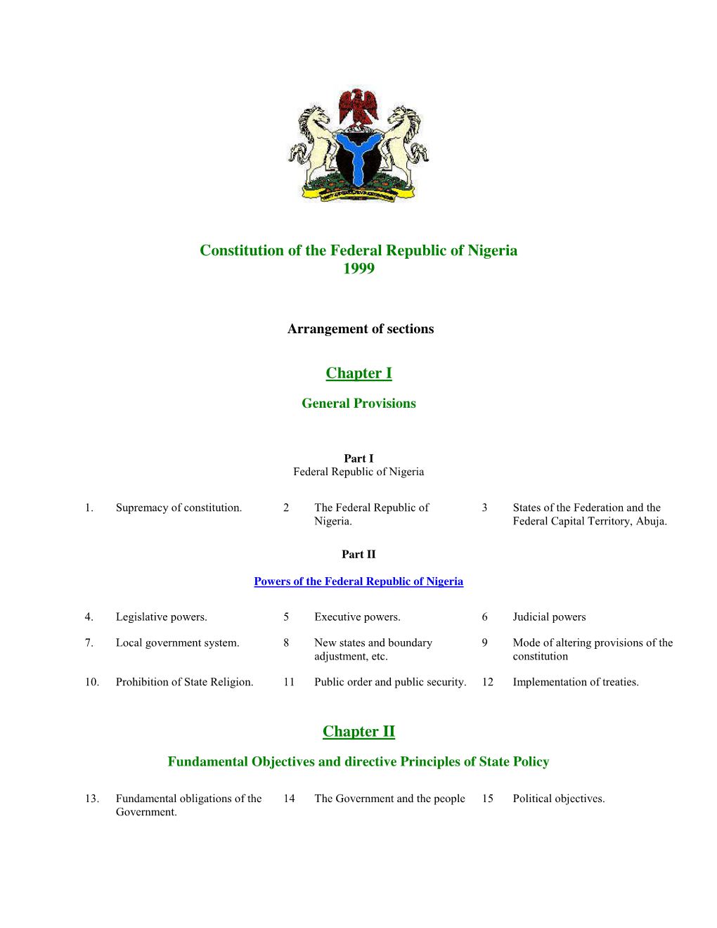 Constitution of the Federal Republic of Nigeria 1999 Chapter I Chapter II