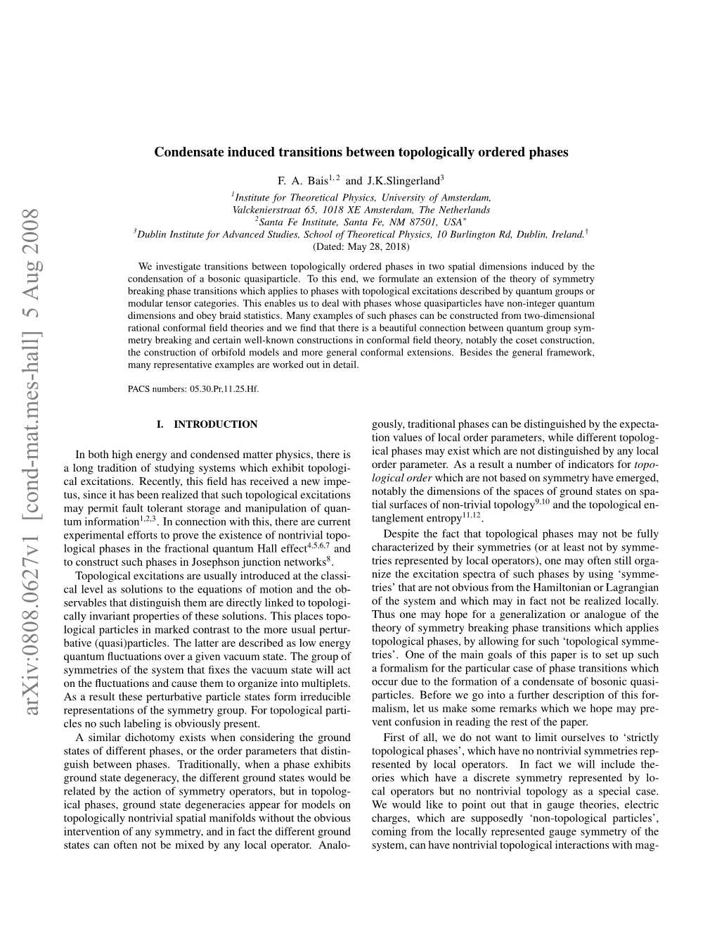 Arxiv:0808.0627V1 [Cond-Mat.Mes-Hall] 5 Aug 2008 Representations of the Symmetry Group