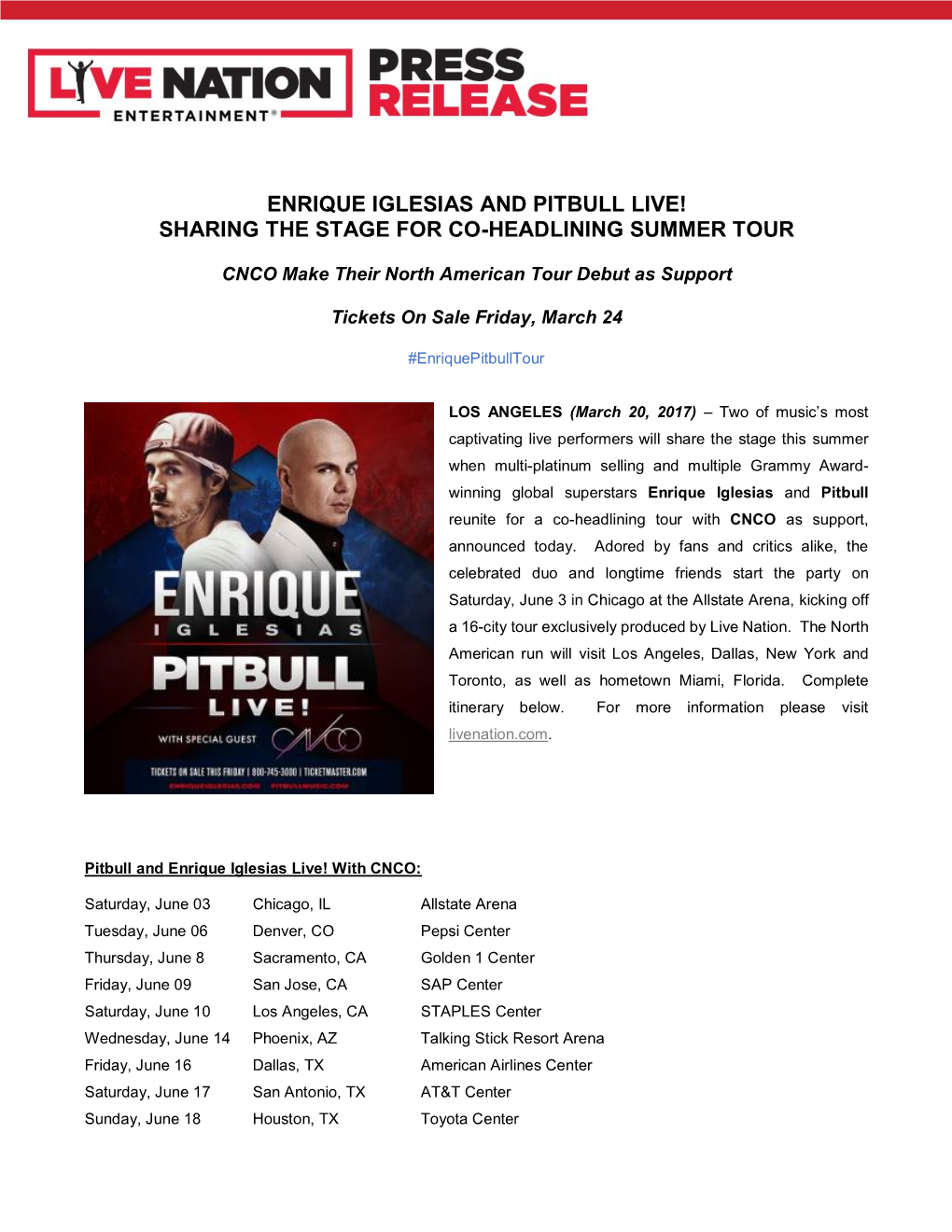 Enrique Iglesias and Pitbull Live! Sharing the Stage for Co-Headlining Summer Tour