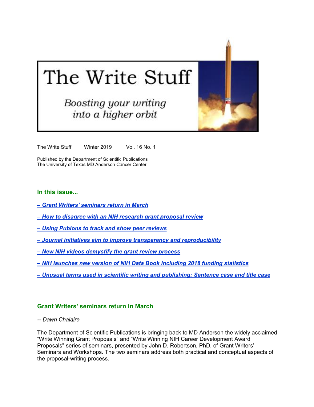 In This Issue... Grant Writers' Seminars Return in March