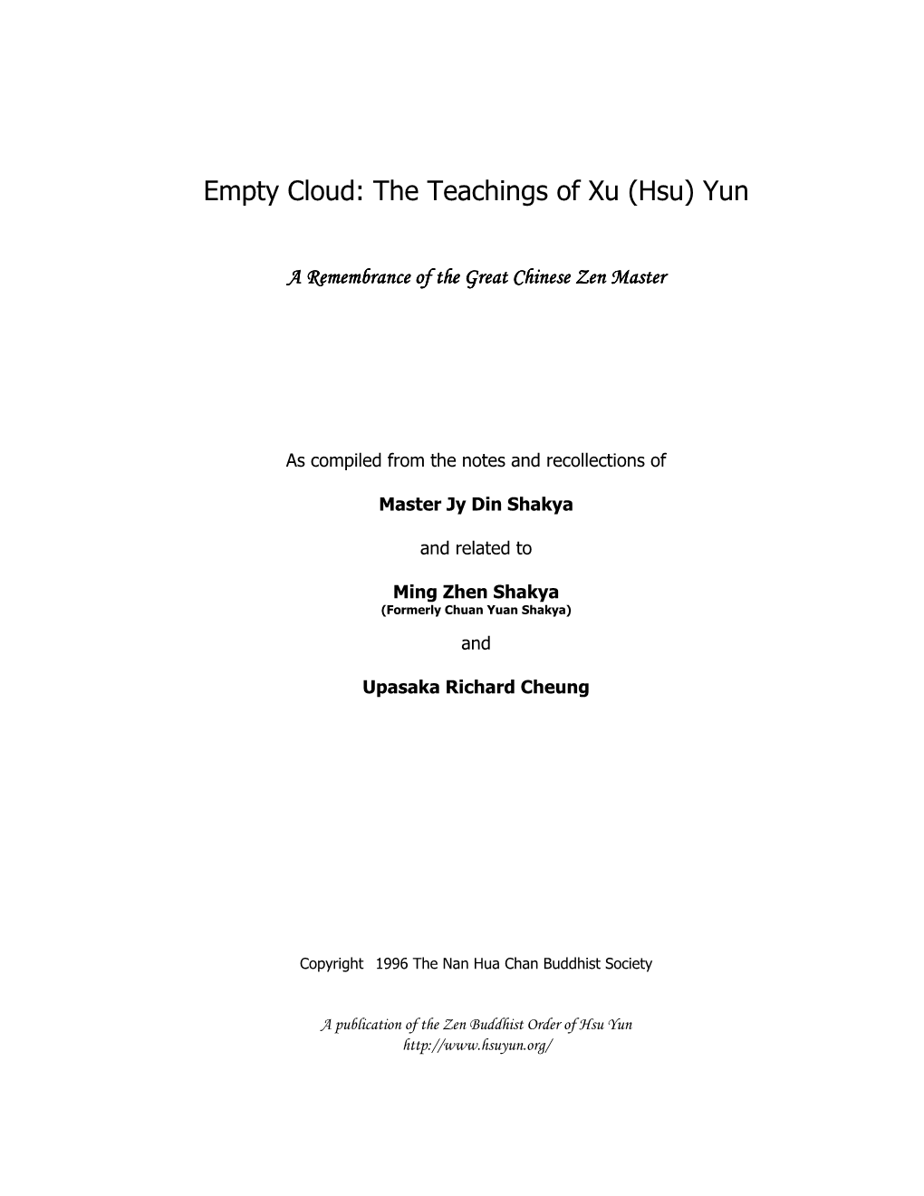 Empty Cloud: the Teachings of Xu (Hsu) Yun