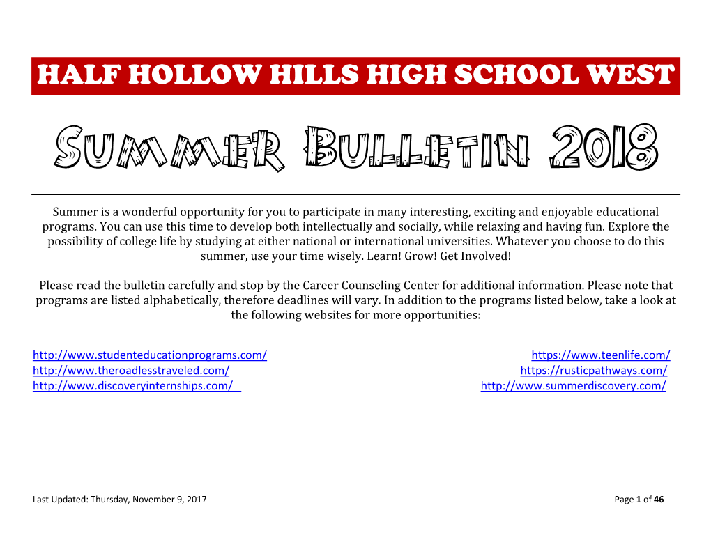 HALF HOLLOW HILLS HIGH SCHOOL WEST Summer Bulletin 2018