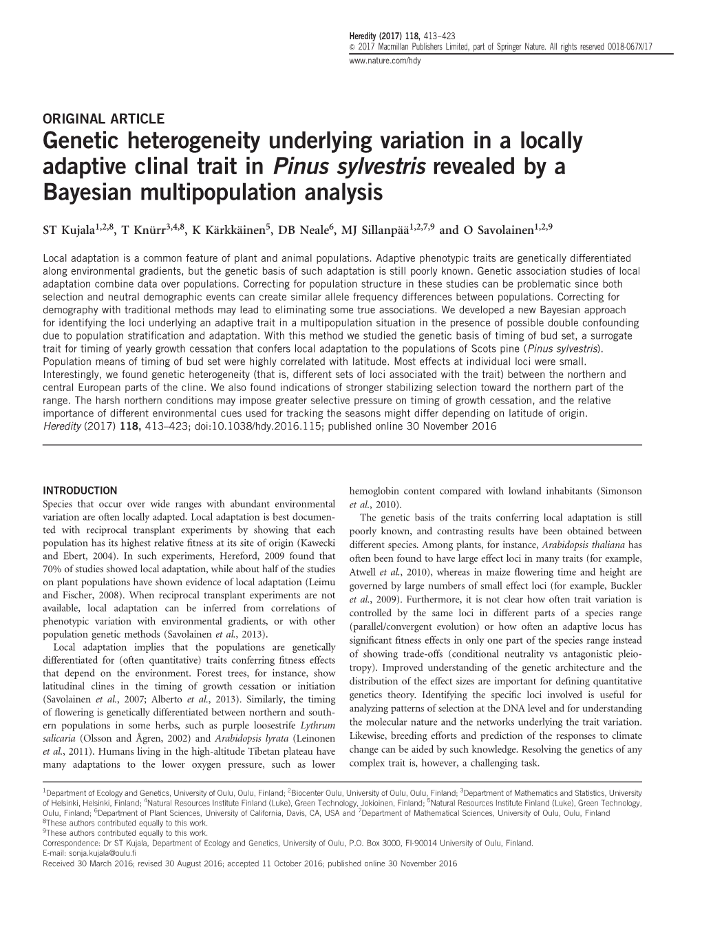 Genetic Heterogeneity Underlying Variation in a Locally Adaptive Clinal Trait in Pinus Sylvestris Revealed by a Bayesian Multipopulation Analysis