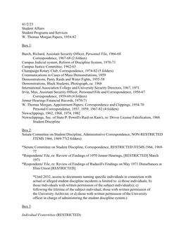 41/2/23 Student Affairs Student Programs and Services W. Thomas Morgan Papers, 1954-82