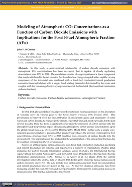Modeling of Atmospheric CO2 Concentrations As a Function of Carbon Dioxide Emissions with Implications for the Fossil-Fuel Atmospheric Fraction (AFFF)