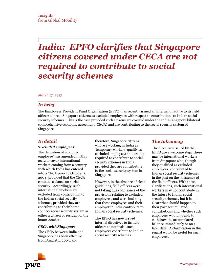 India: EPFO Clarifies That Singapore Citizens Covered Under CECA Are Not Required to Contribute to Social Security Schemes
