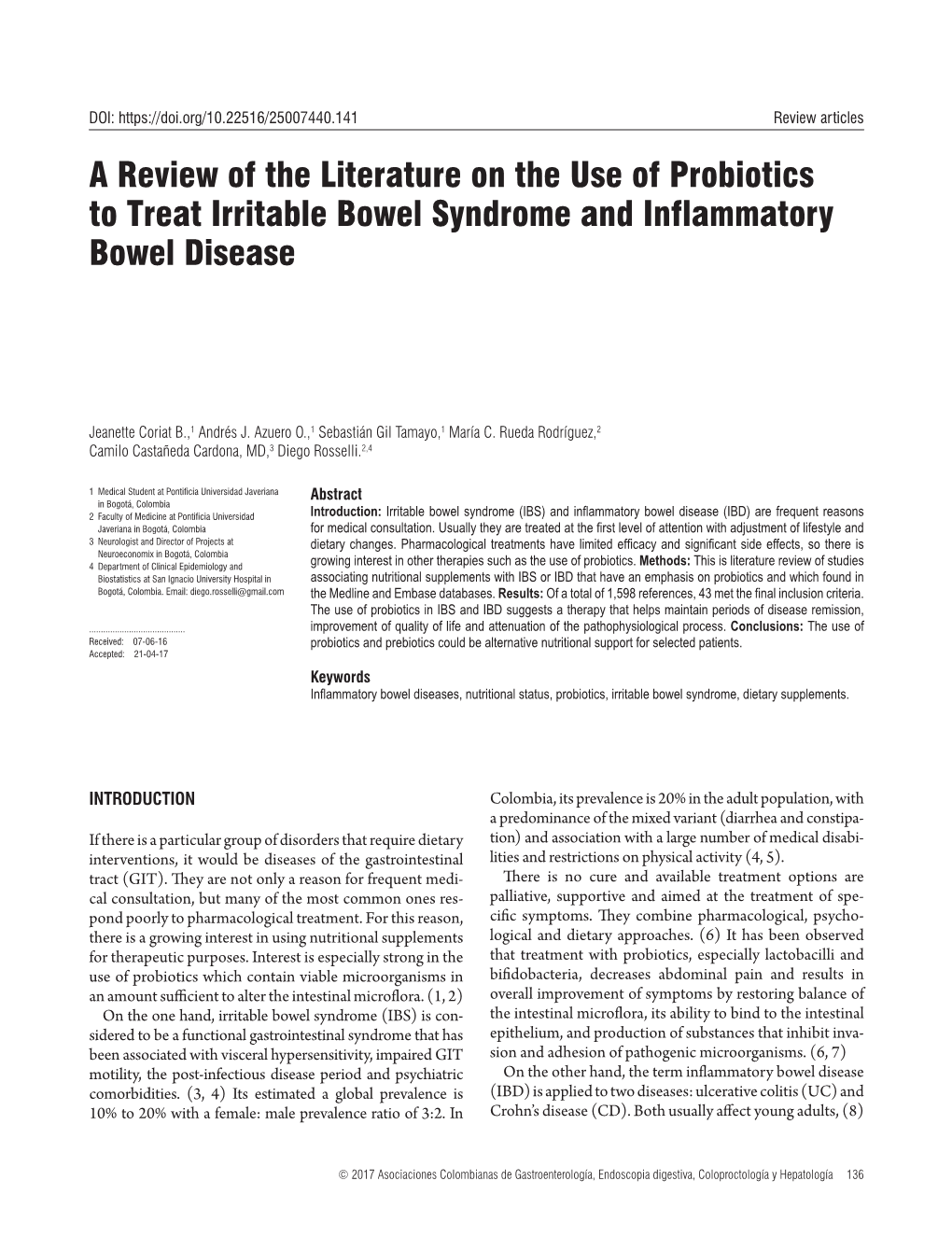 A Review of the Literature on the Use of Probiotics to Treat Irritable Bowel Syndrome and Inflammatory Bowel Disease