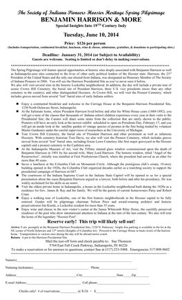 Society of Indiana Pioneers Hoosier Heritage Spring Pilgrimage BENJAMIN HARRISON & MORE Special Insights Into 19TH Century Indy