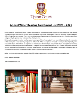 Reading Enrichment List 2020-2021