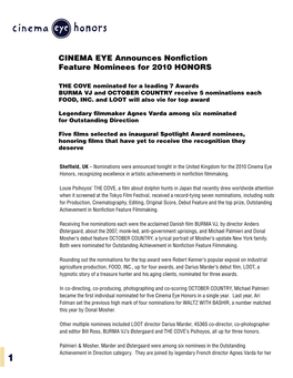 CINEMA EYE Announces Nonfiction Feature Nominees for 2010 HONORS