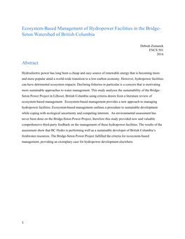 Ecosystem-Based Management of Hydropower Facilities in the Bridge- Seton Watershed of British Columbia