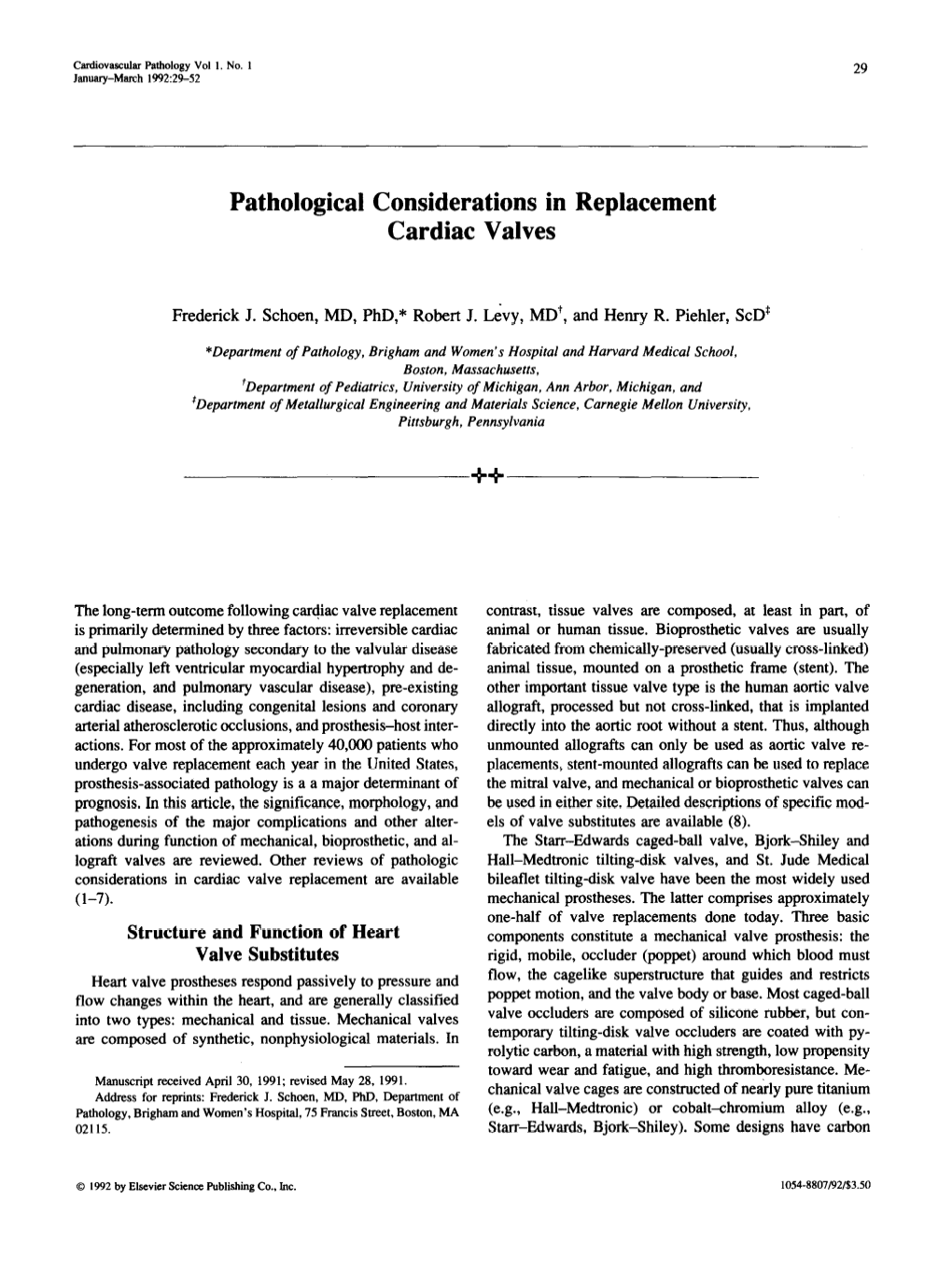 Pathological Considerations in Replacement Cardiac Valves