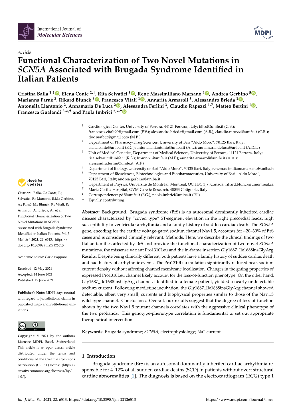 Functional Characterization of Two Novel Mutations in SCN5A Associated with Brugada Syndrome Identiﬁed in Italian Patients
