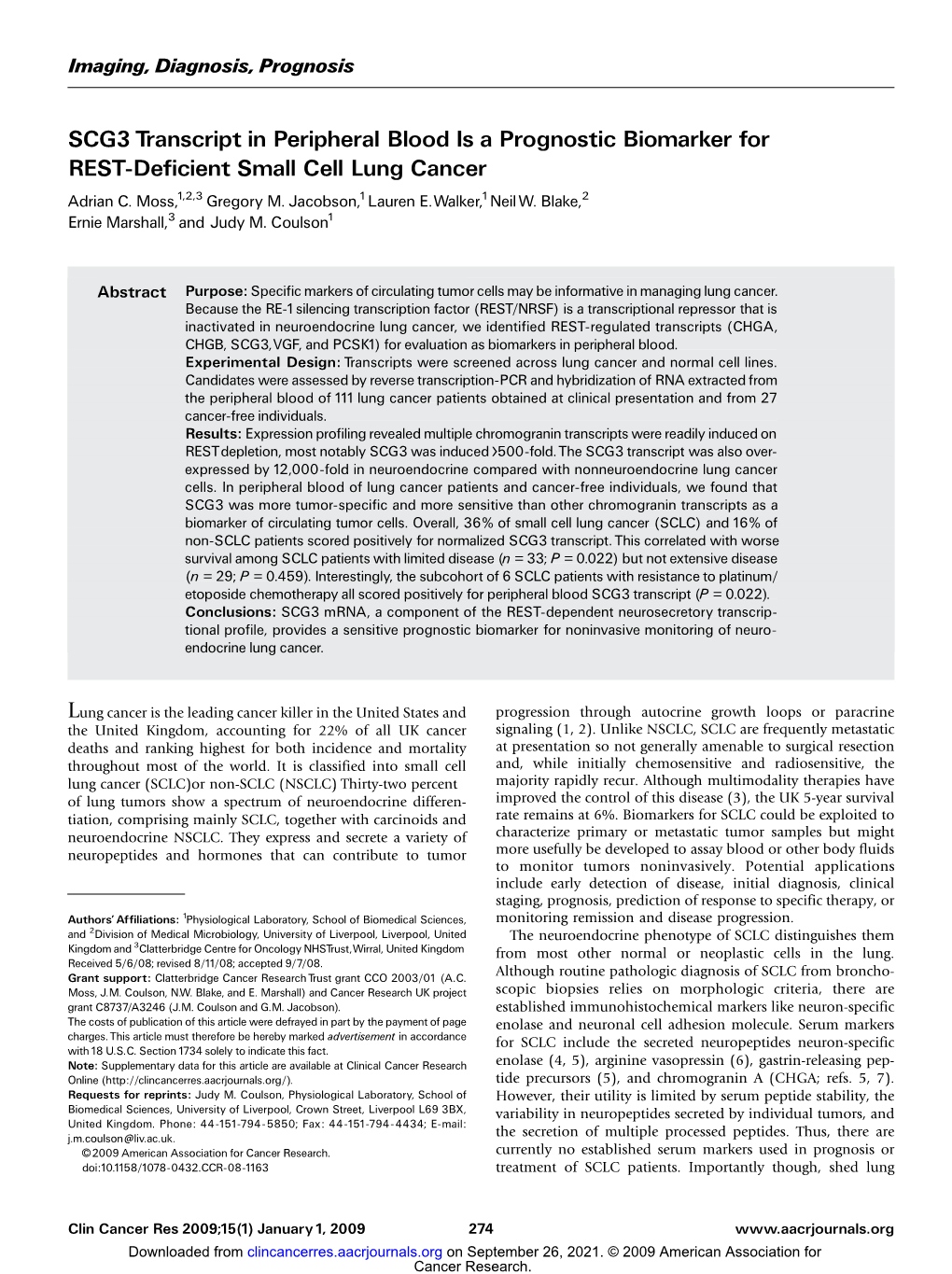 SCG3 Transcript in Peripheral Blood Is a Prognostic Biomarker for REST-Deficientsmallcelllungcancer Adrian C