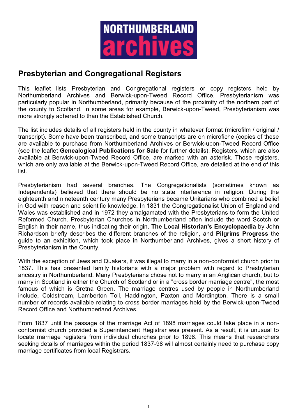 Presbyterian and Congregational Registers