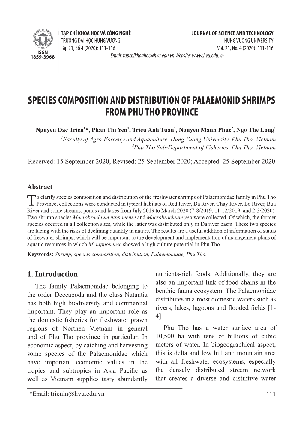 Species Composition and Distribution of Palaemonid Shrimps from Phu Tho Province