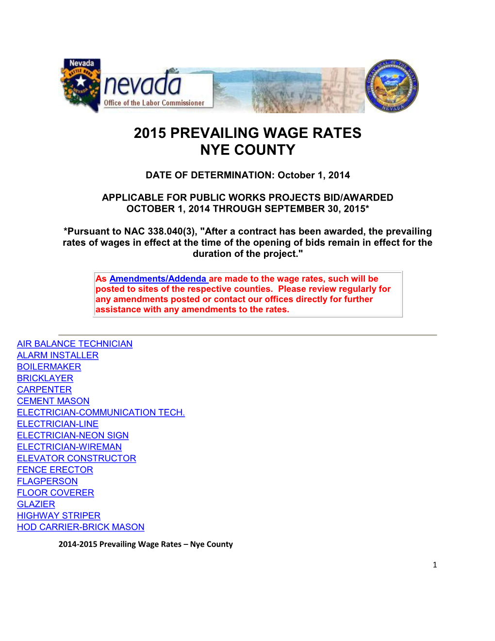 2015 Prevailing Wage Rates Nye County