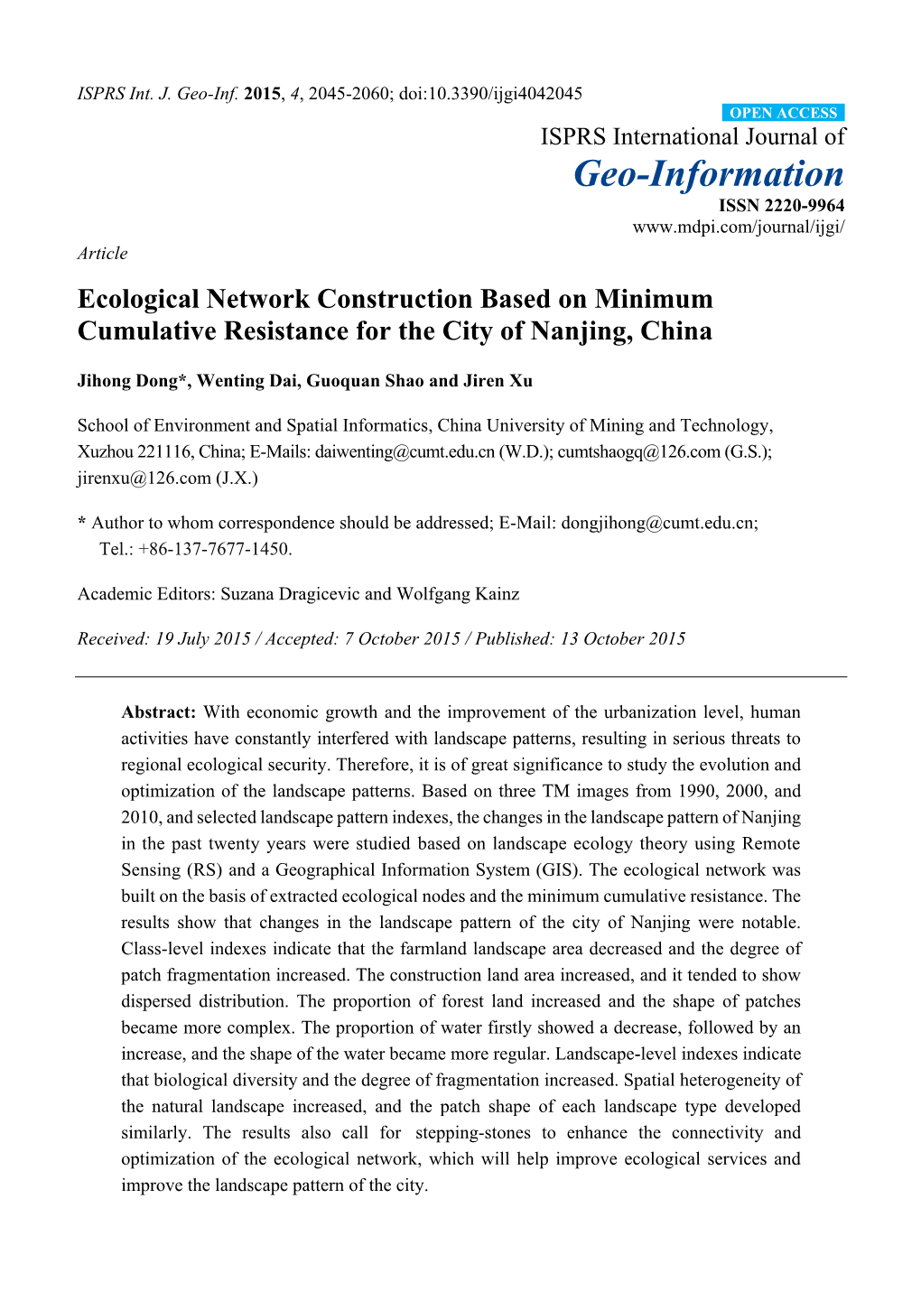 Ecological Network Construction Based on Minimum Cumulative Resistance for the City of Nanjing, China