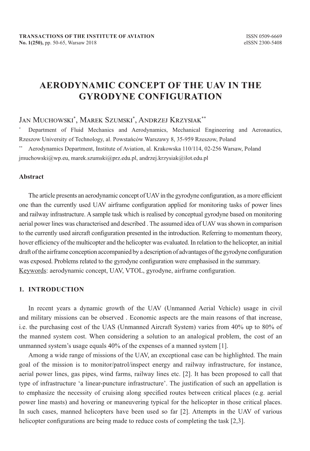 Aerodynamic Concept of the UAV in the Gyrodyne Configuration