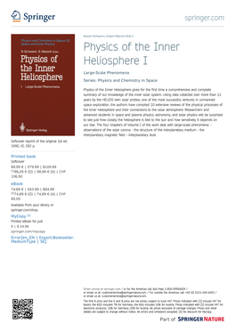 Physics of the Inner Heliosphere I Large-Scale Phenomena Series: Physics and Chemistry in Space